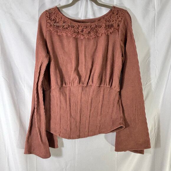 Gimmicks Women’s Brown Eyelash Lace Yoke Boho Top Large Romantic Peasant Blouse - Picture 3 of 6